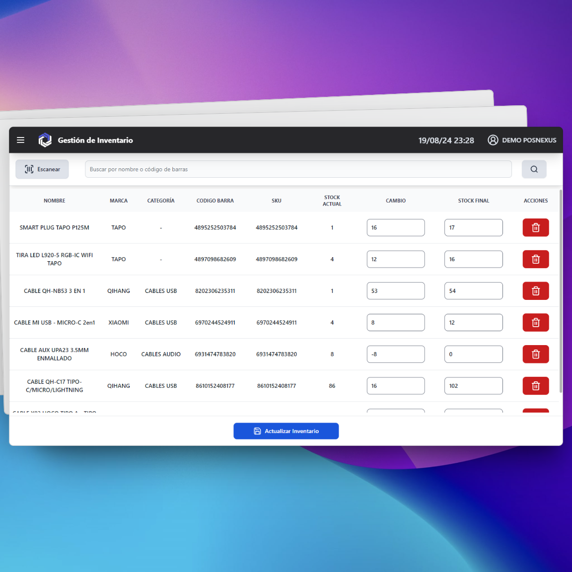 Interfaz de Control de Inventario en POSNEXUS